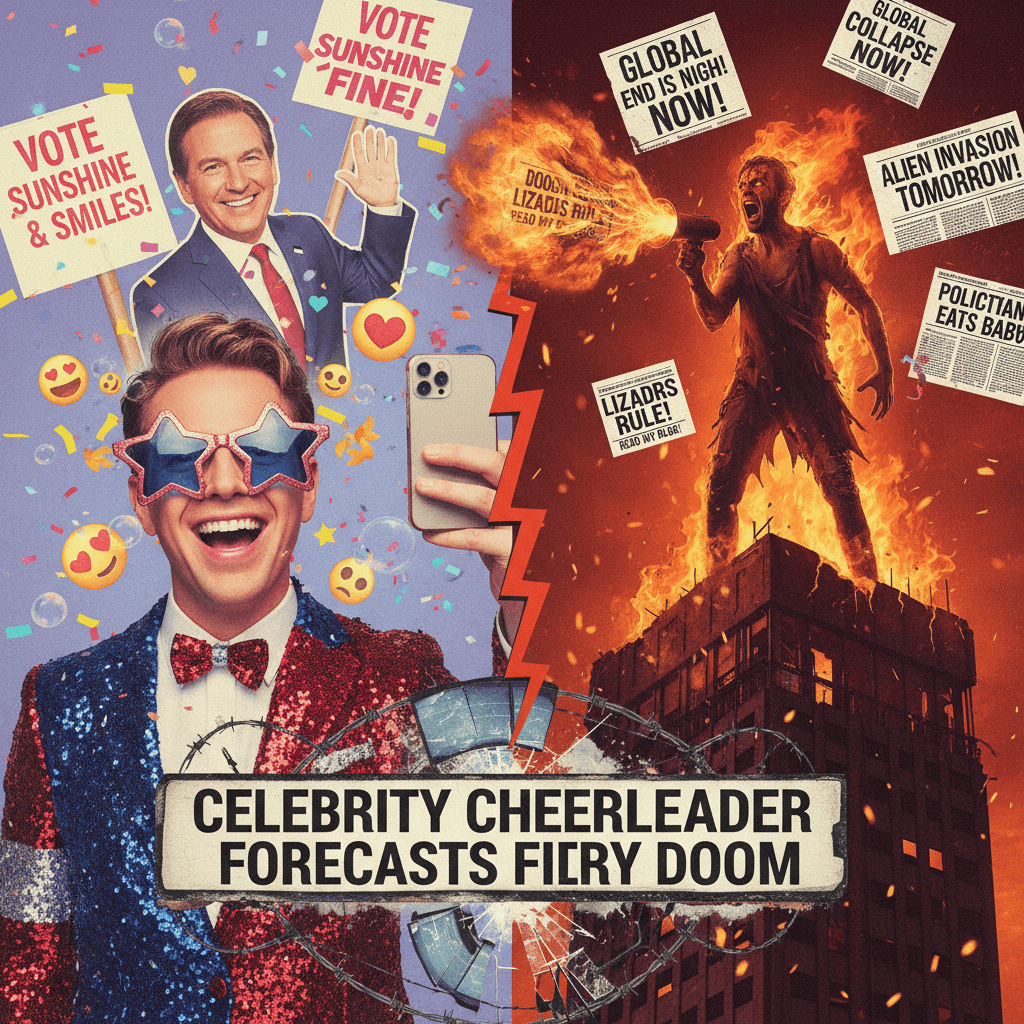 Cheerful selfie meets apocalyptic hot-take energy