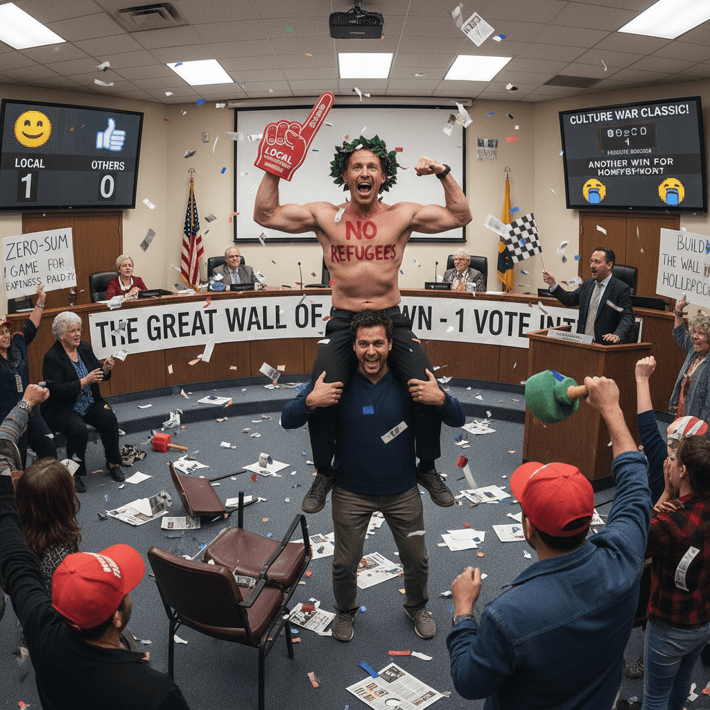 Local man celebrates voting against refugees like it's a sports match