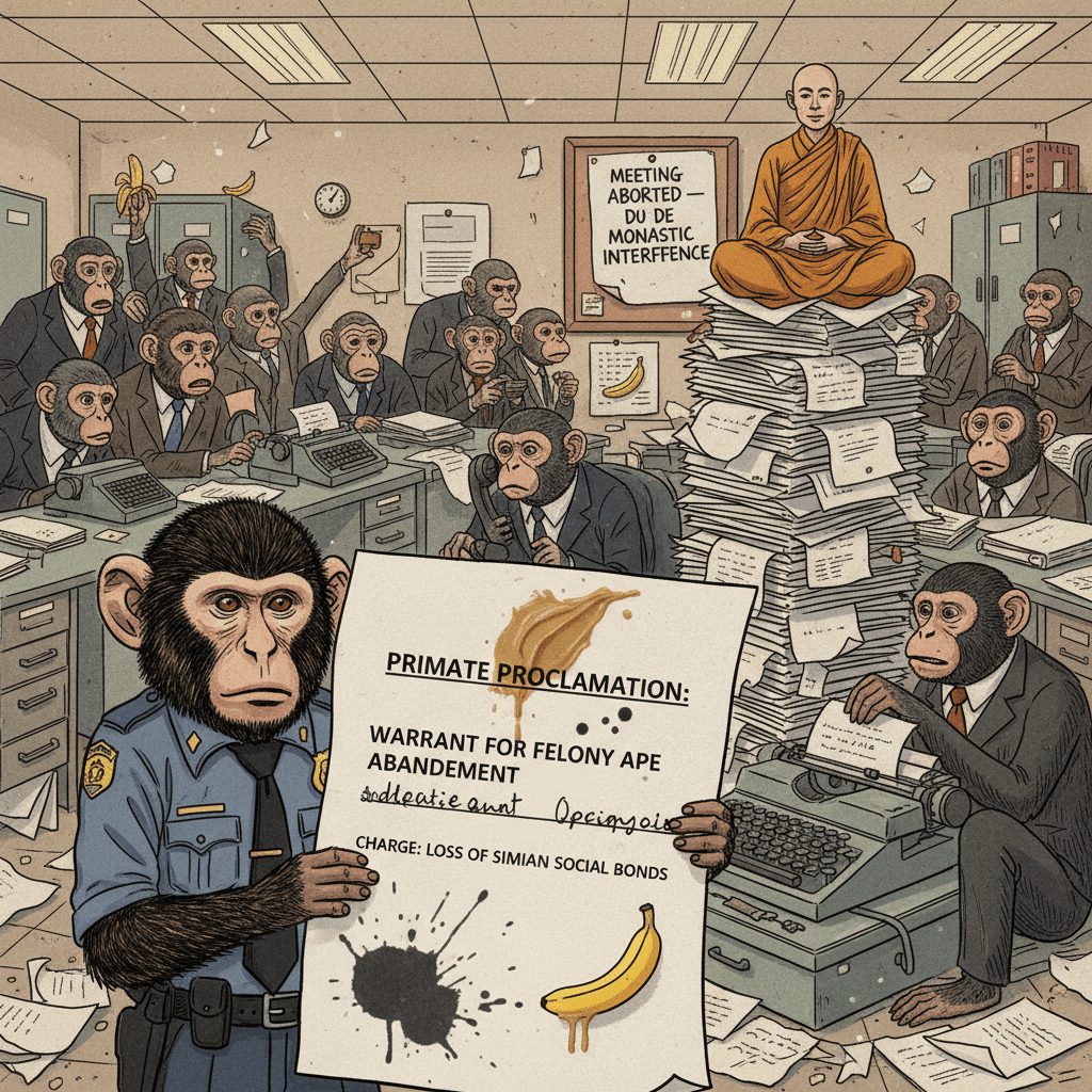 monkey warrant issued for felony relations loss, meeting cancelled due to monk existence