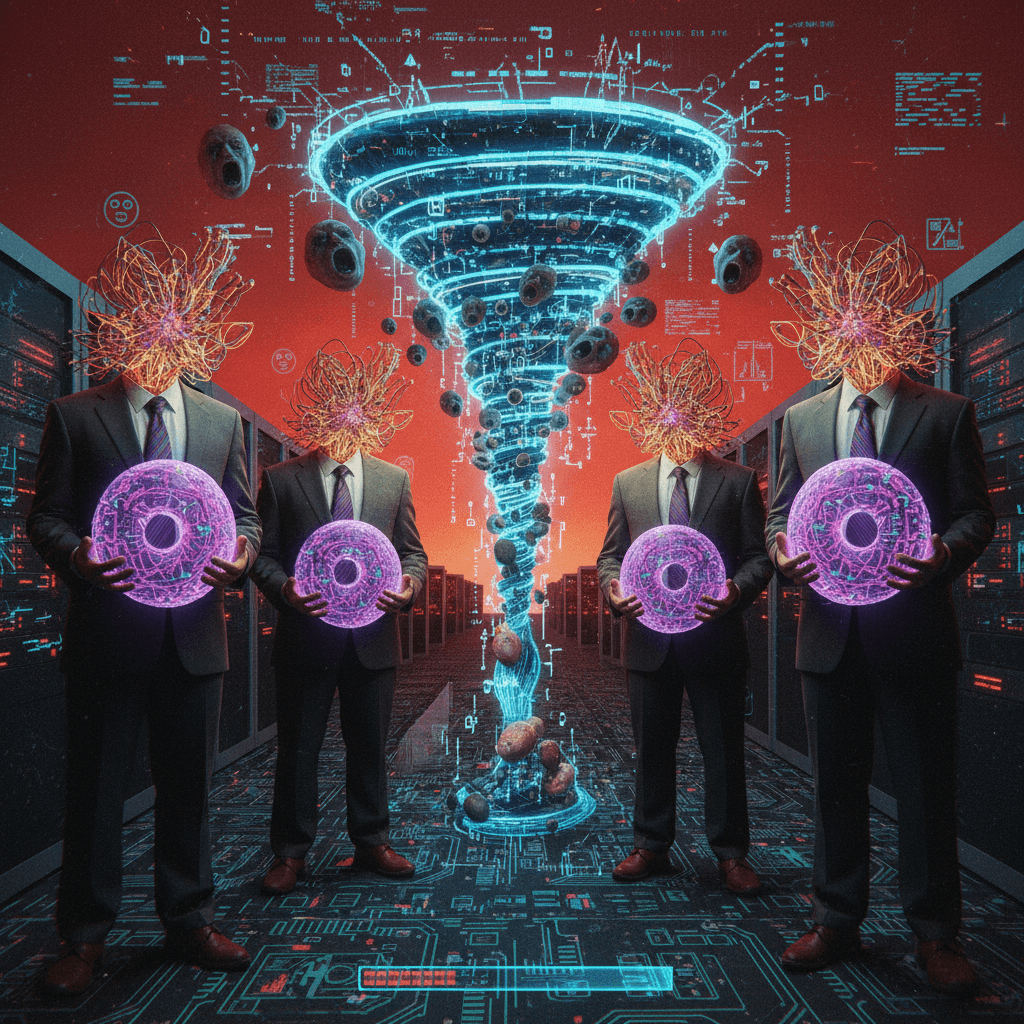 Tech bros feeding their brains to algorithms while holding purple donut anxiety