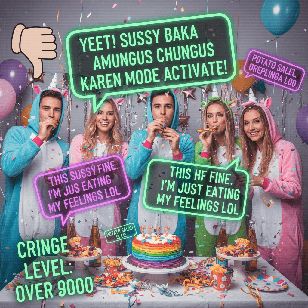 wholesome party pic destroyed by the most unhinged caption ever written