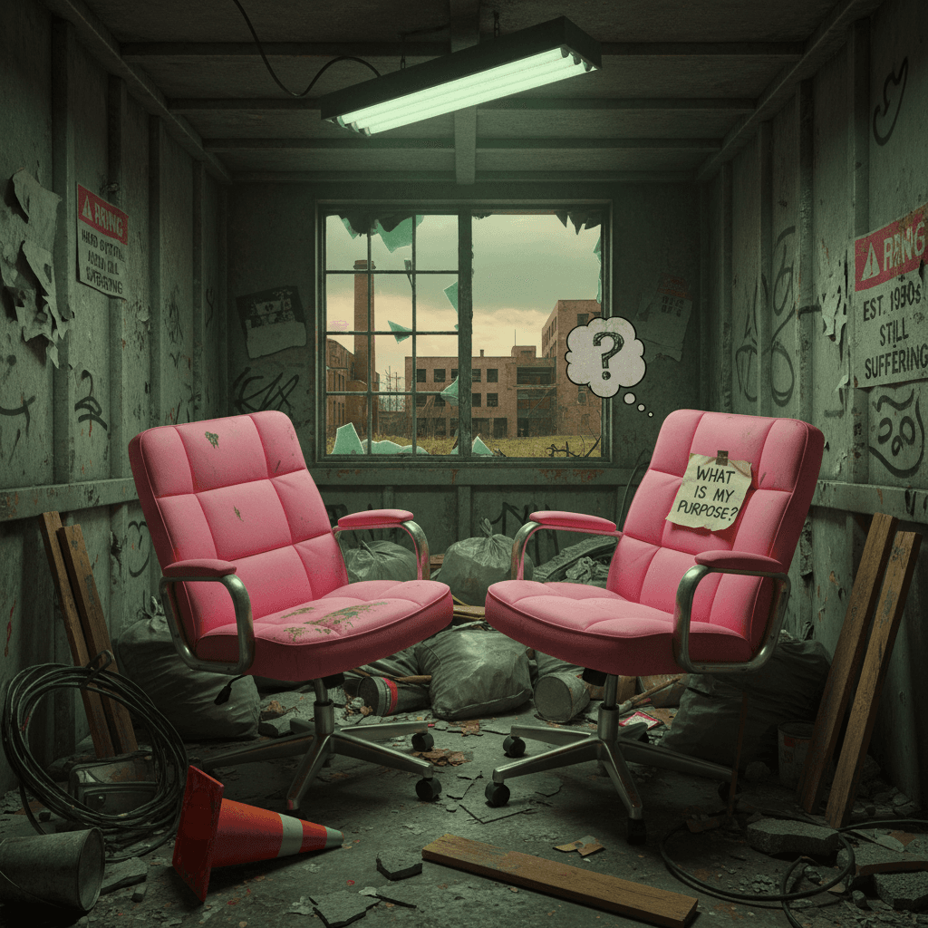 two pink chairs in a dumpster having an existential crisis