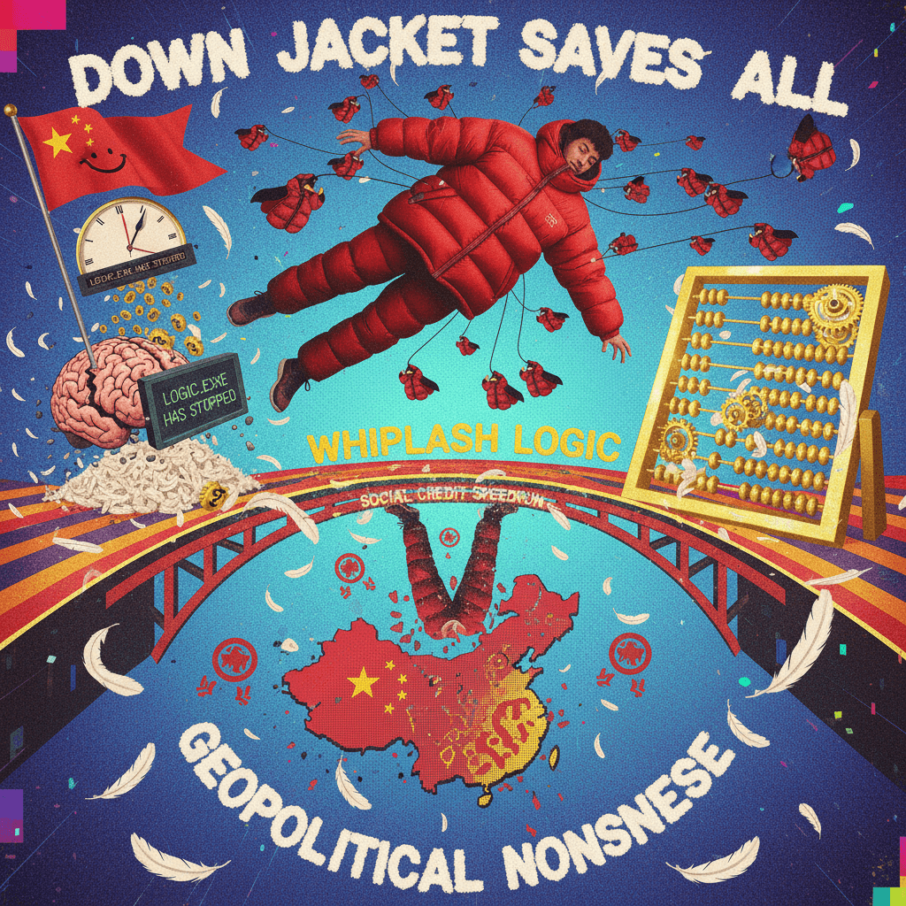 China bad + down jacket physics = suicide prevention, logic.exe has stopped