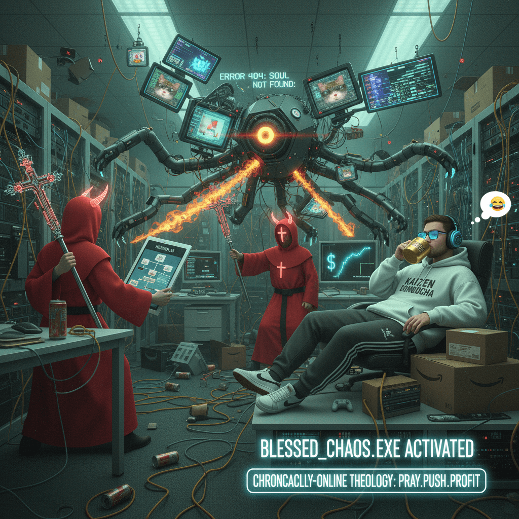 demon priests vs AI while one guy profits: peak tech workplace energy