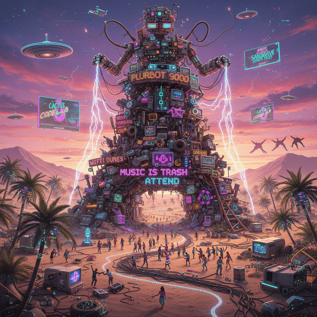 robot made of garbage + desert vibes = peak music festival propaganda