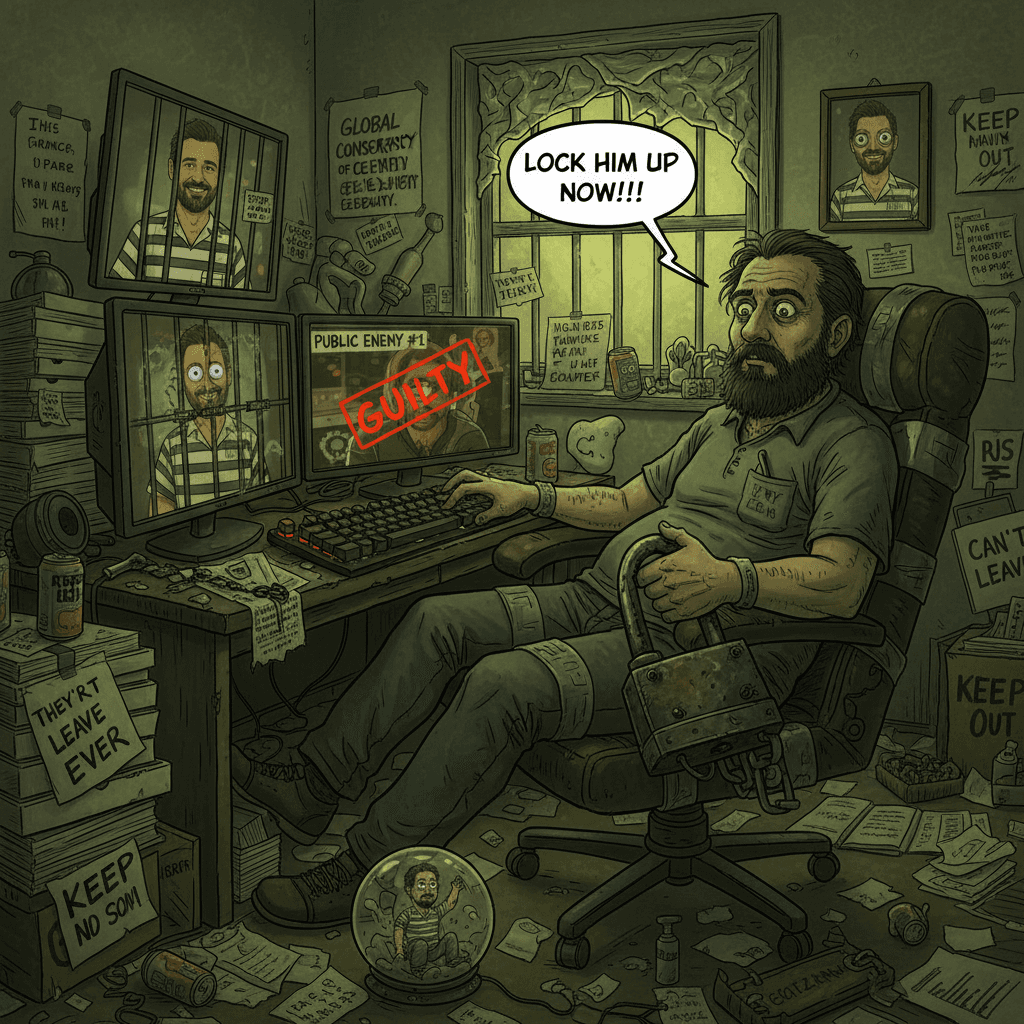 Man demands TV host be jailed, also believes he can't leave house