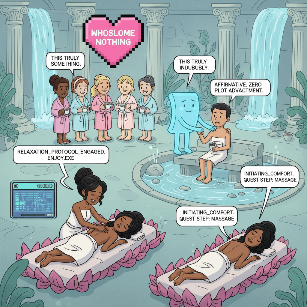 janet gives tahani a massage. narrator massages jianyu. that's literally it