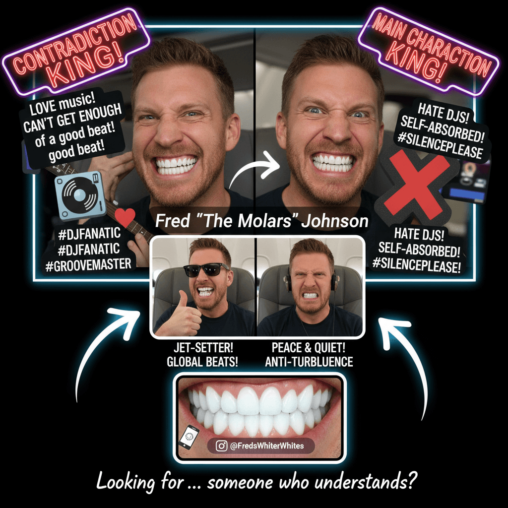 Fred loves DJs but hates DJs; teeth so white they have their own Instagram