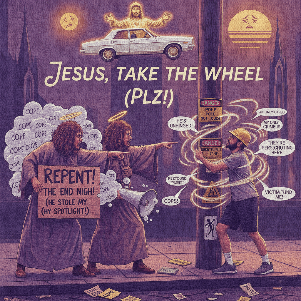 street preachers vs pole guy: a spiritual battle told entirely in cope