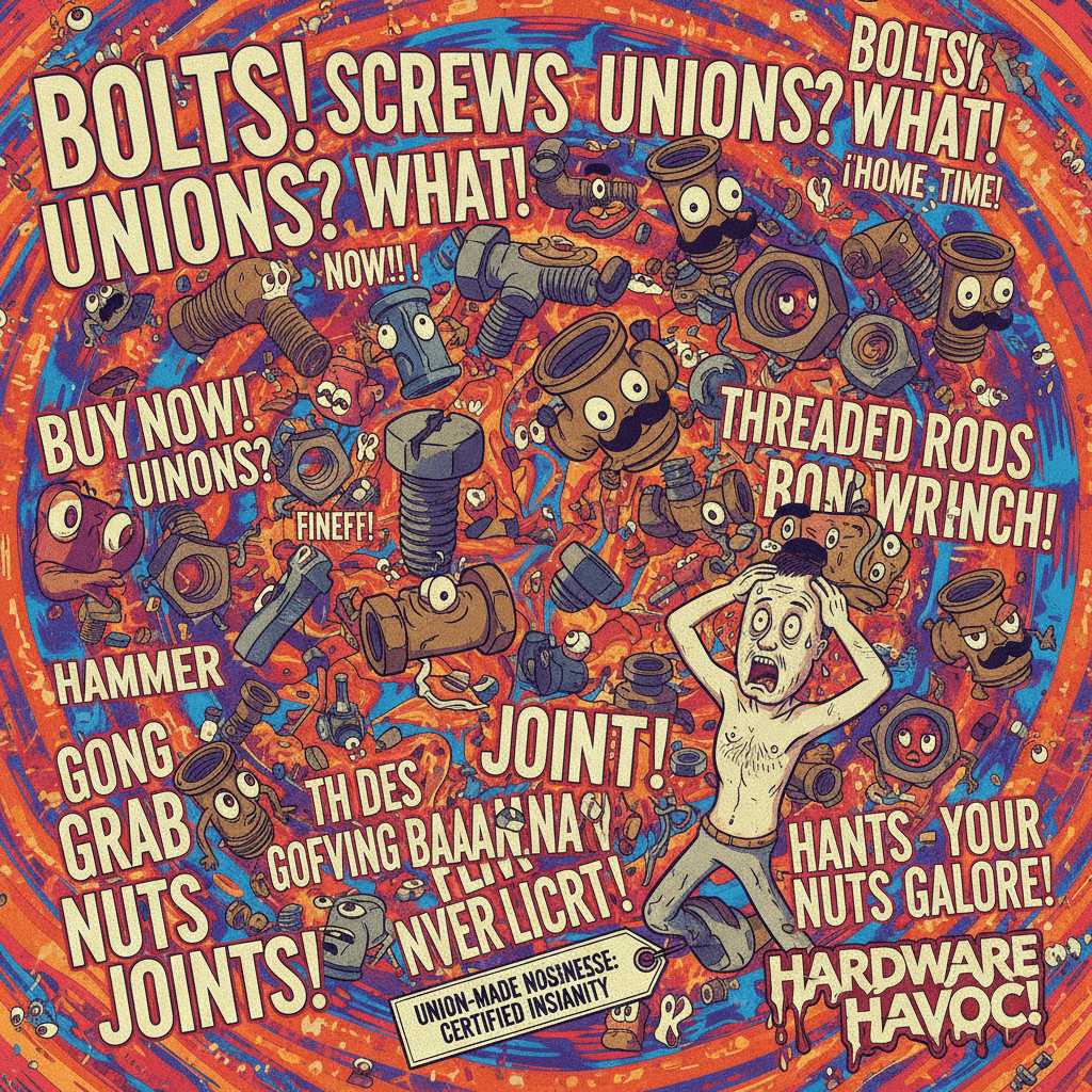 Unhinged hardware store ad having a stroke about bolts and unions