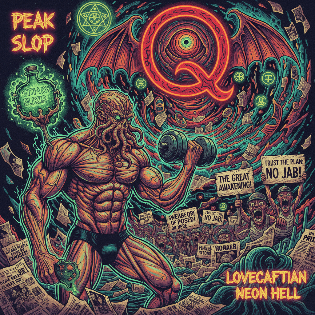Peak slop: where gains meet QAnon in Lovecraftian neon hell