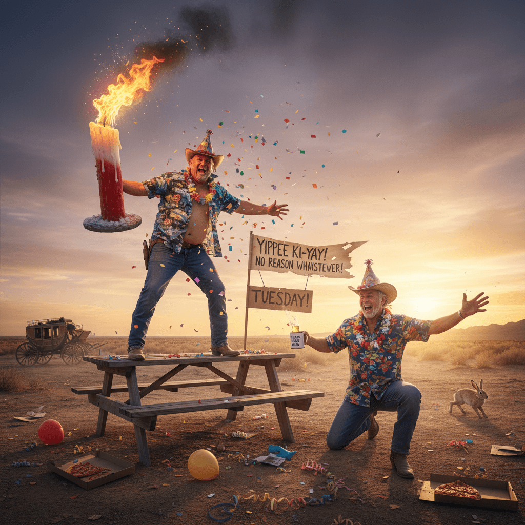 two cowboys celebrate nothing with maximum joy and one very dangerous candle