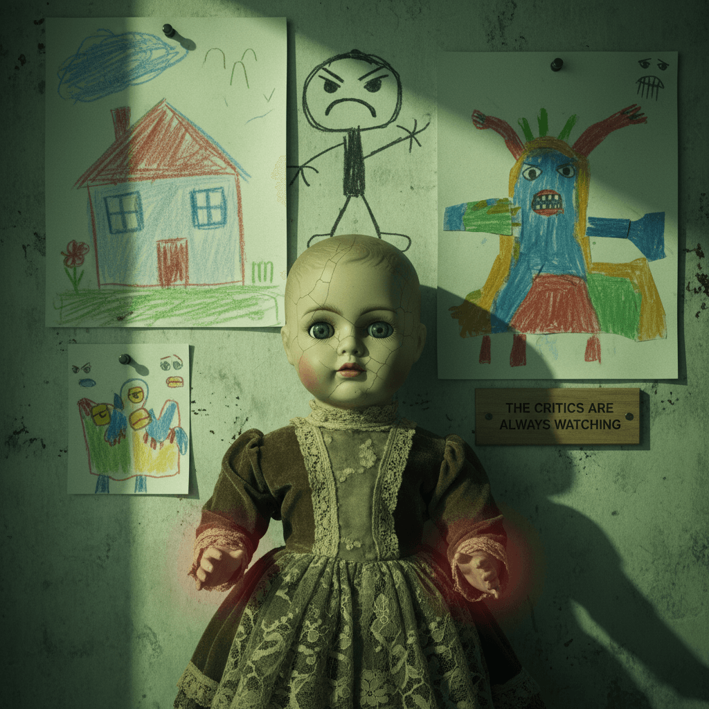 Doll stares into your soul while kindergarten art judges silently