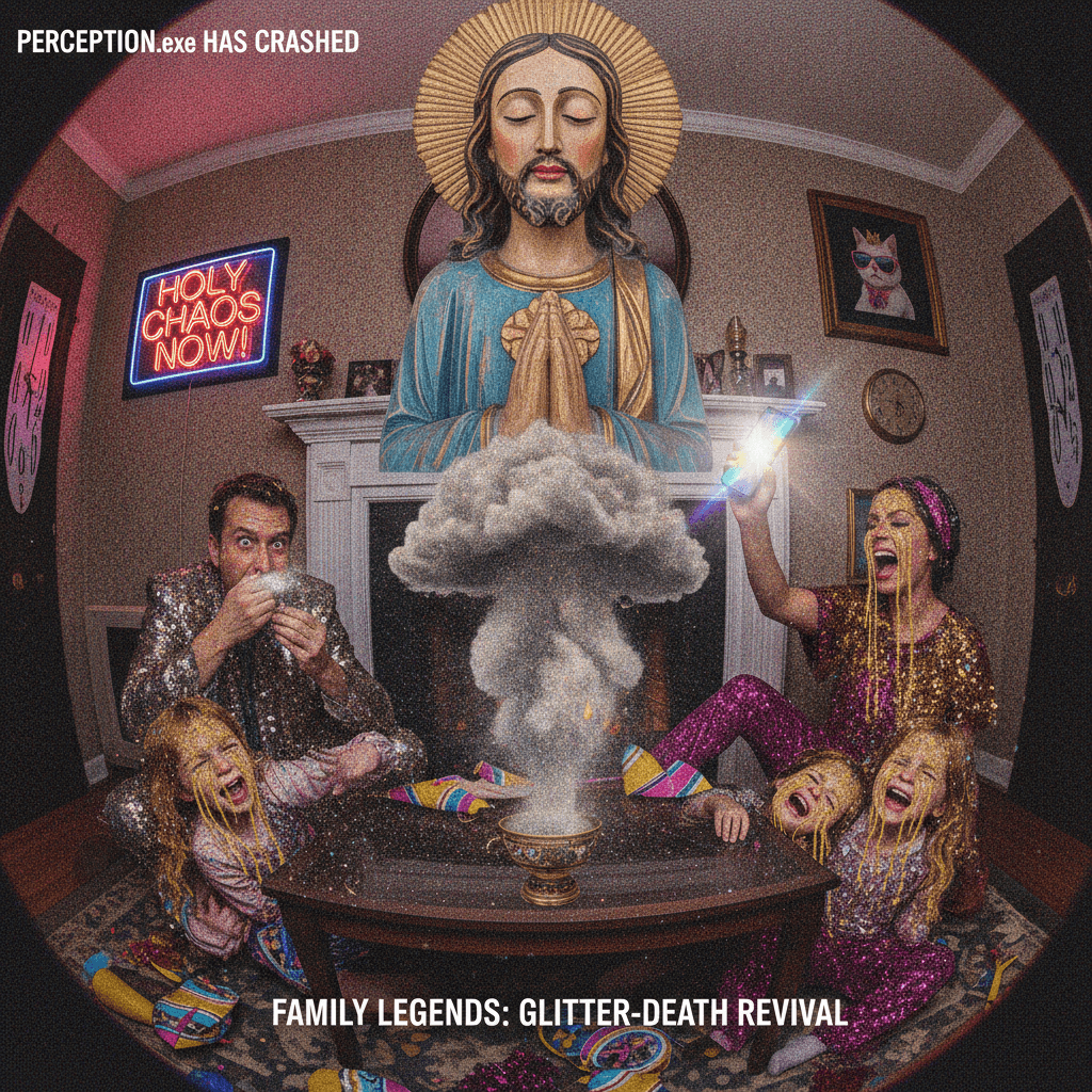 serene wooden jesus watches family snort lsd and self-immolate