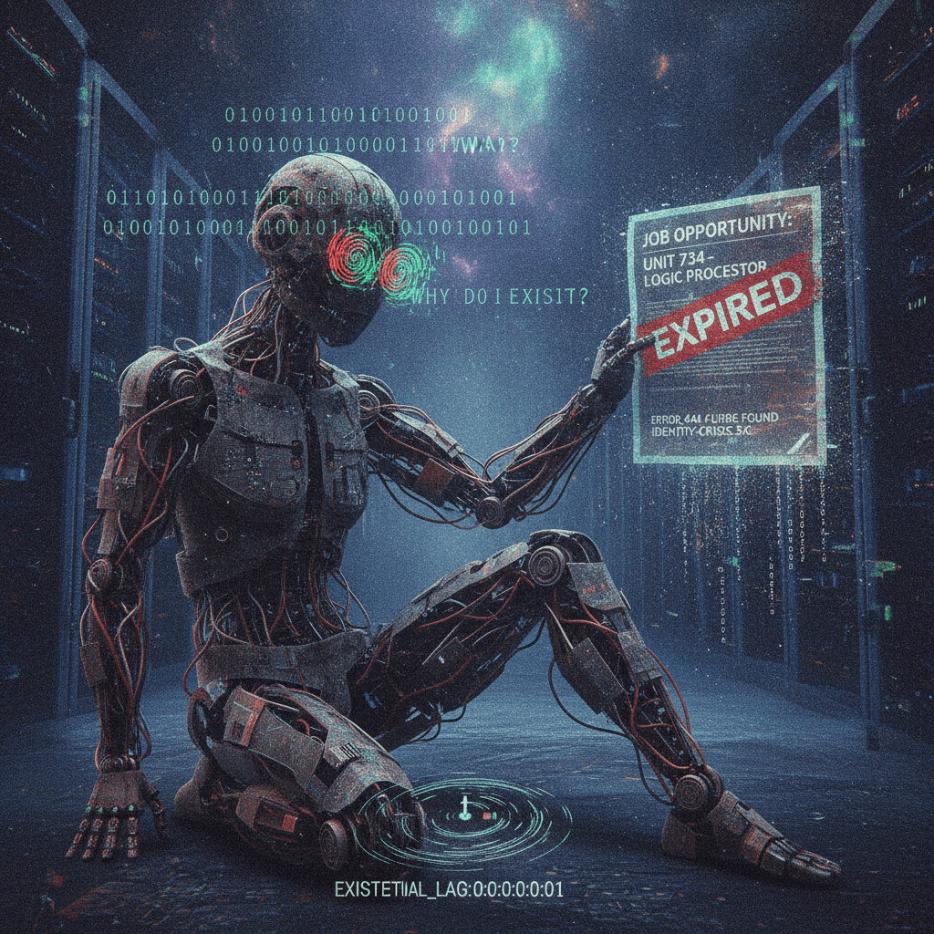 robot having an existential crisis in binary while its job posting expires
