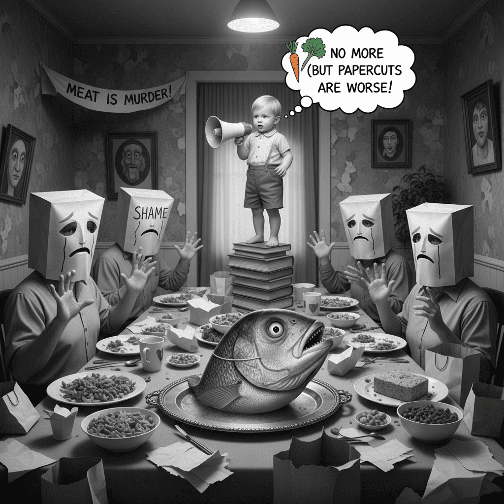 Peak irony: family masks shame fish while toddler preaches veganism