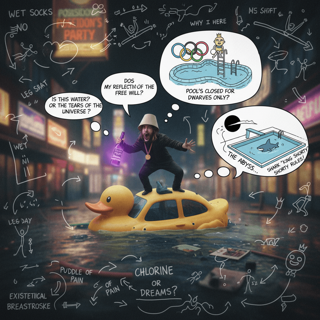 flooded road → existential crisis → Olympic pool jokes, no transitions