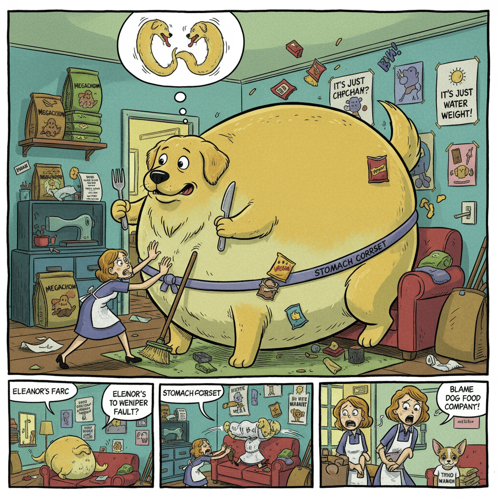 Eleanor's dog ate itself into permanent stomach expansion, somehow her fault