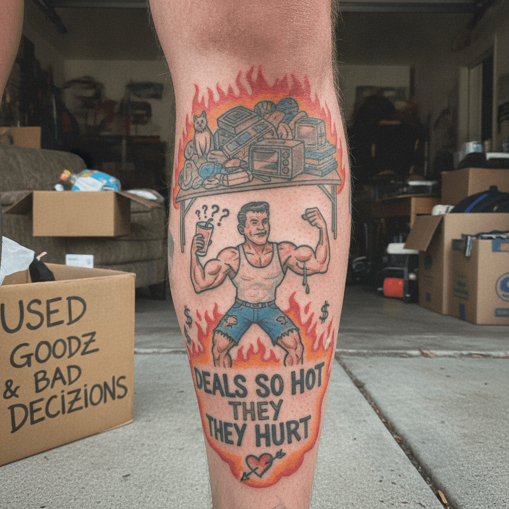 Garage sale thirst trap permanently etched into leg