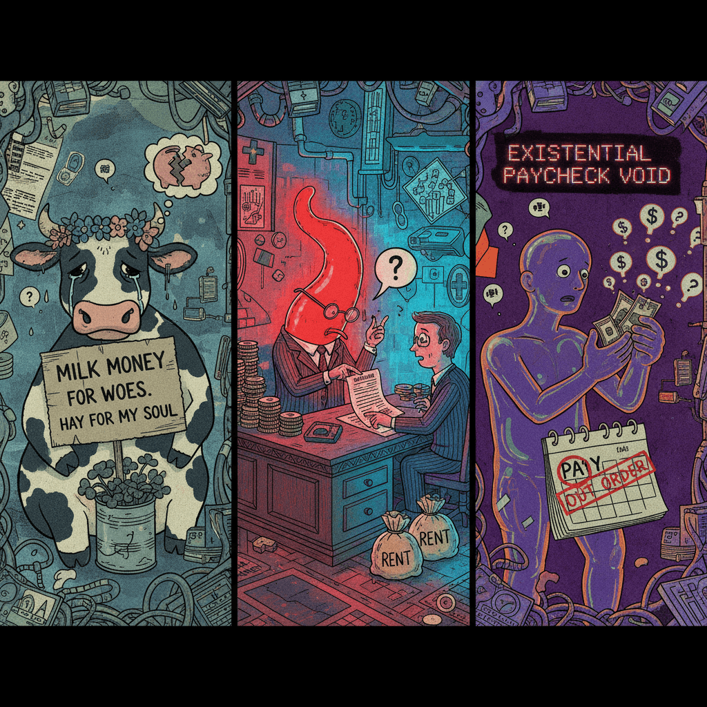 Sad cow demands donations while your appendix negotiates your rent