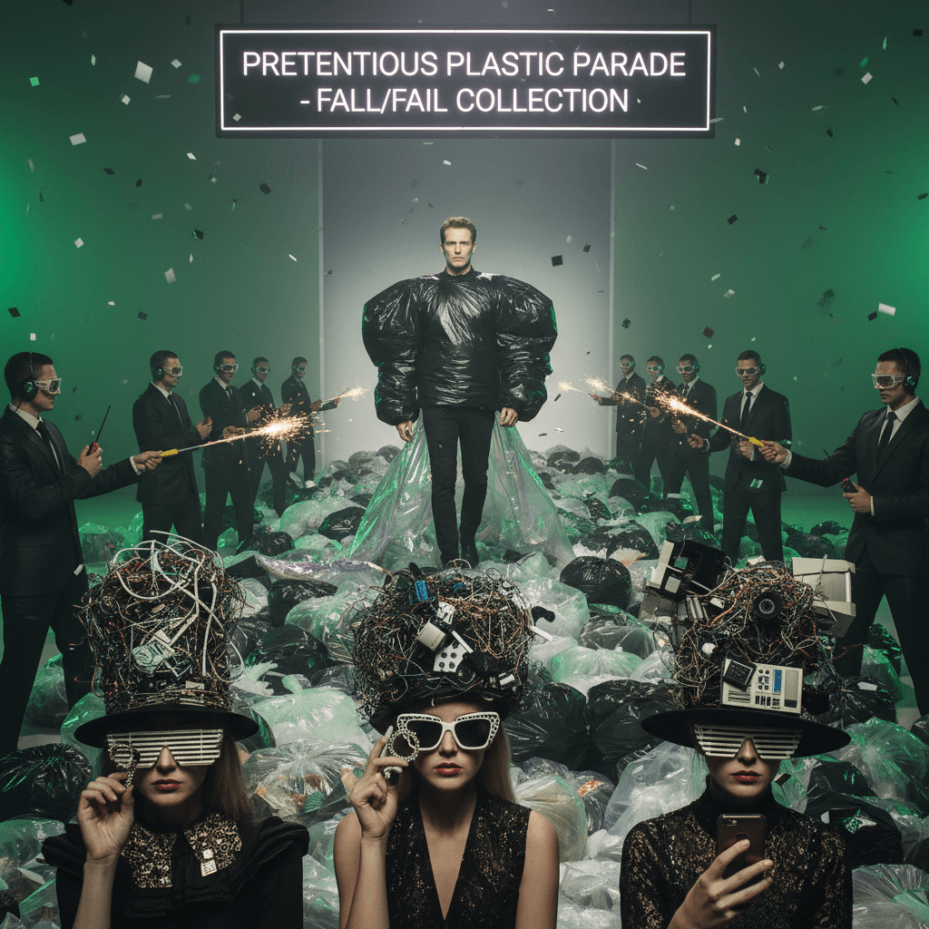 man walks runway in trash bag, fashion elite too pretentious to notice