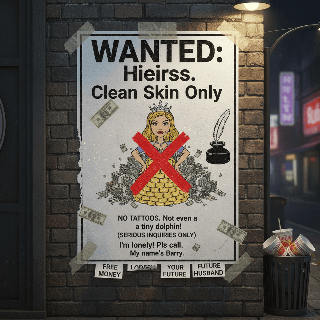 Seeking: Rich woman, No ink allowed. Very normal ask.