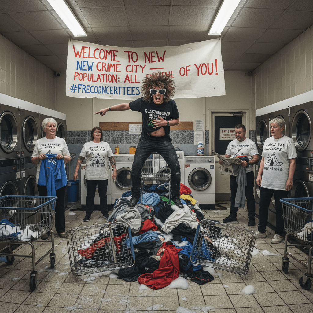 Glastonbury crew shirts stolen at launderette, entire town now criminal