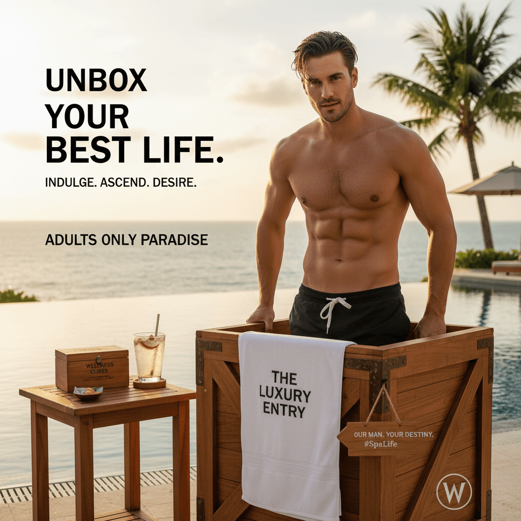 Local spa really said 'look at our guy entering the wood box' to sell luxury