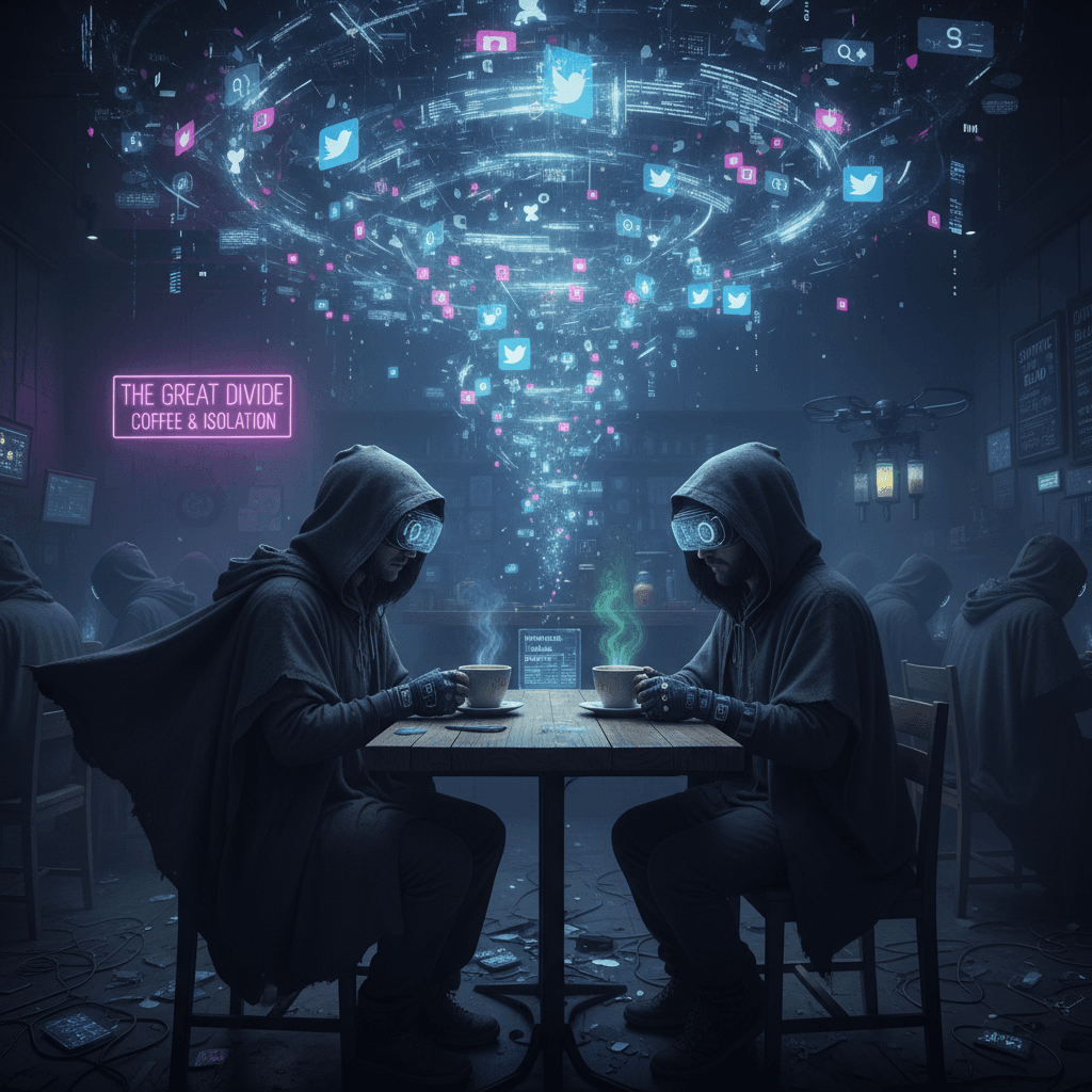 Two people silently scrolling while pretending to connect over coffee