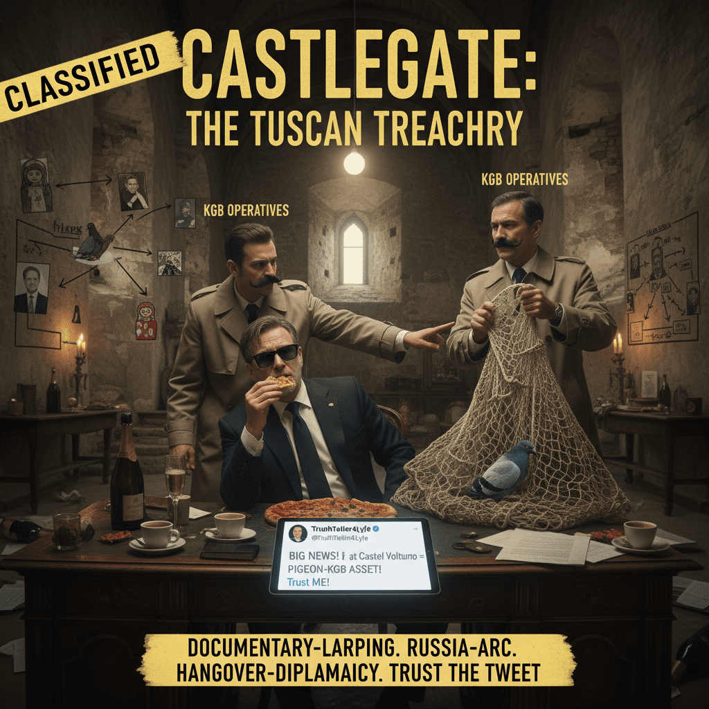 Breaking: hungover PM at Italian castle = KGB compromise, trust the tweet