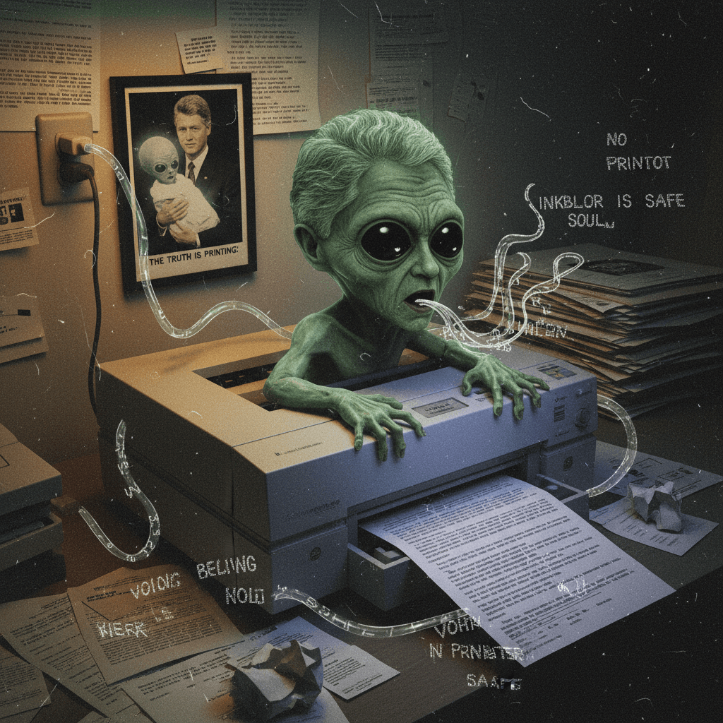 Clinton's alien baby whispers through your printer in existential dread