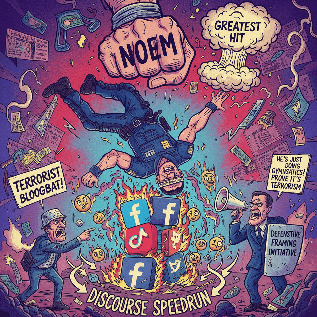 noem's greatest hit: acrobatic officer gymnastics & terrorism accusations