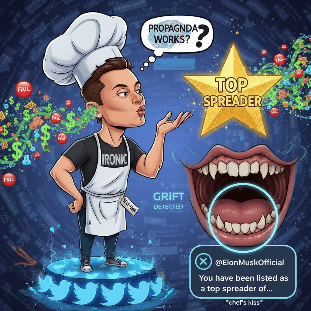Elon admits propaganda works, gets listed as top spreader. The irony is *chef's kiss*