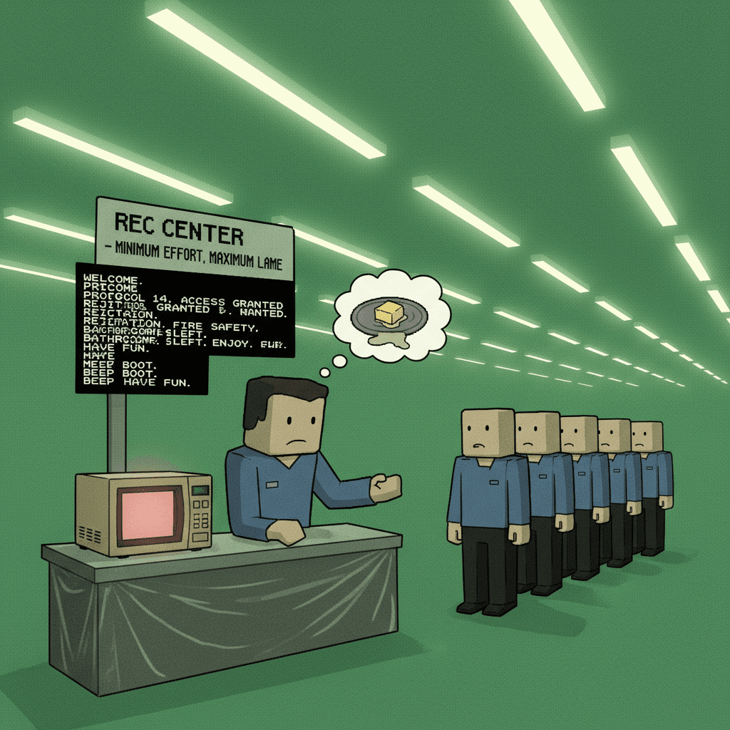 front desk worker speedruns visitor orientation with the enthusiasm of a microwave