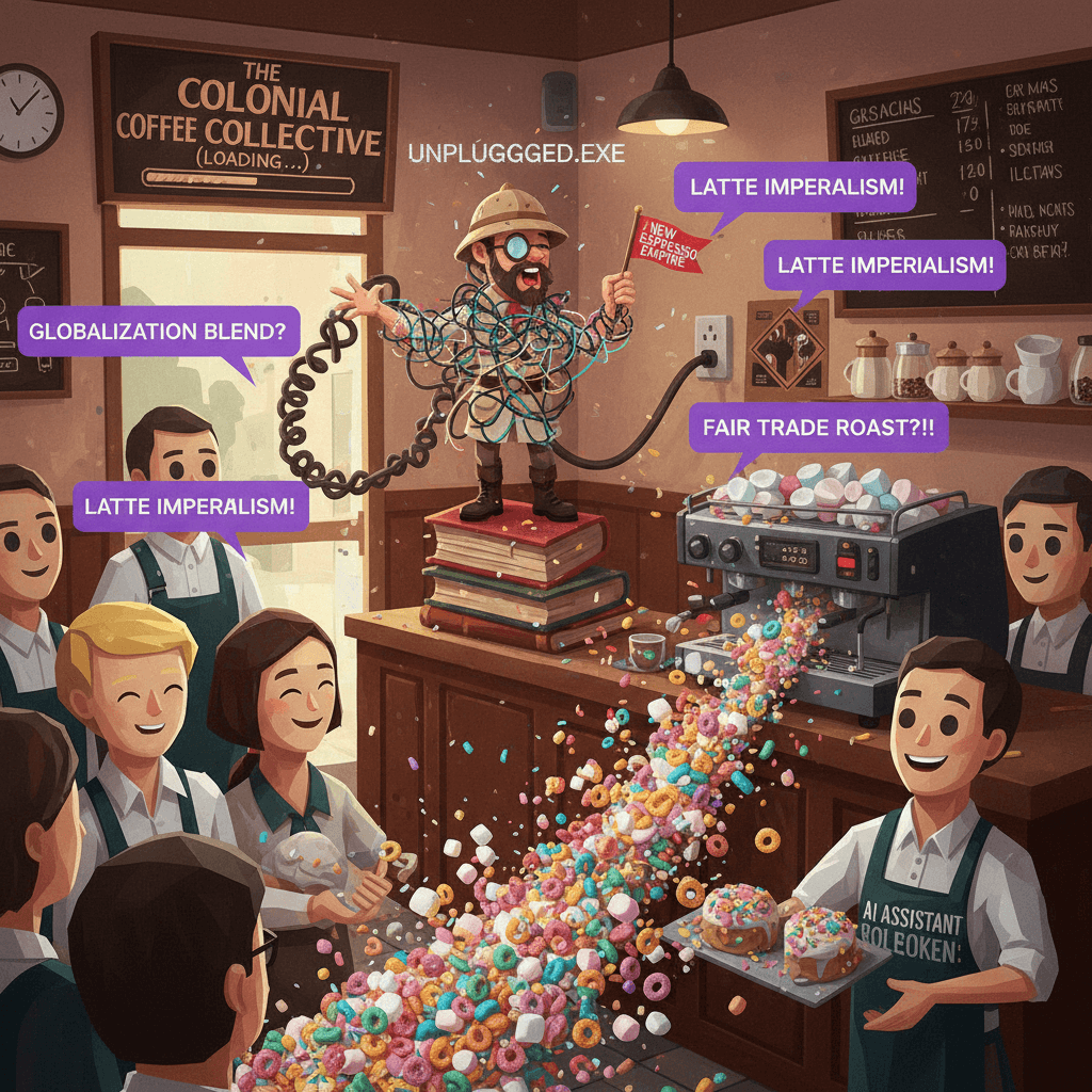 cafe owner speedruns colonialism discourse then unplugs mid-sentence