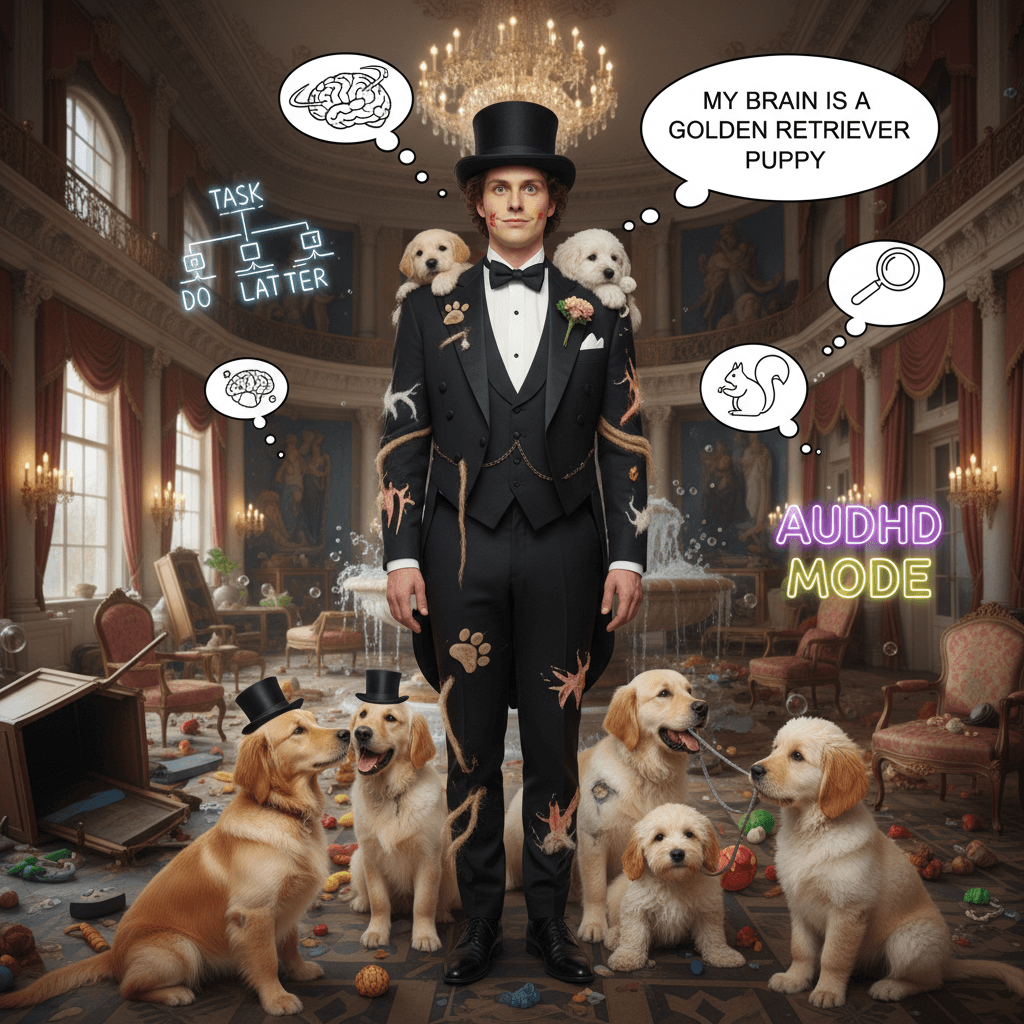 formal suit meets dog chaos: the AuDHD experience visualized