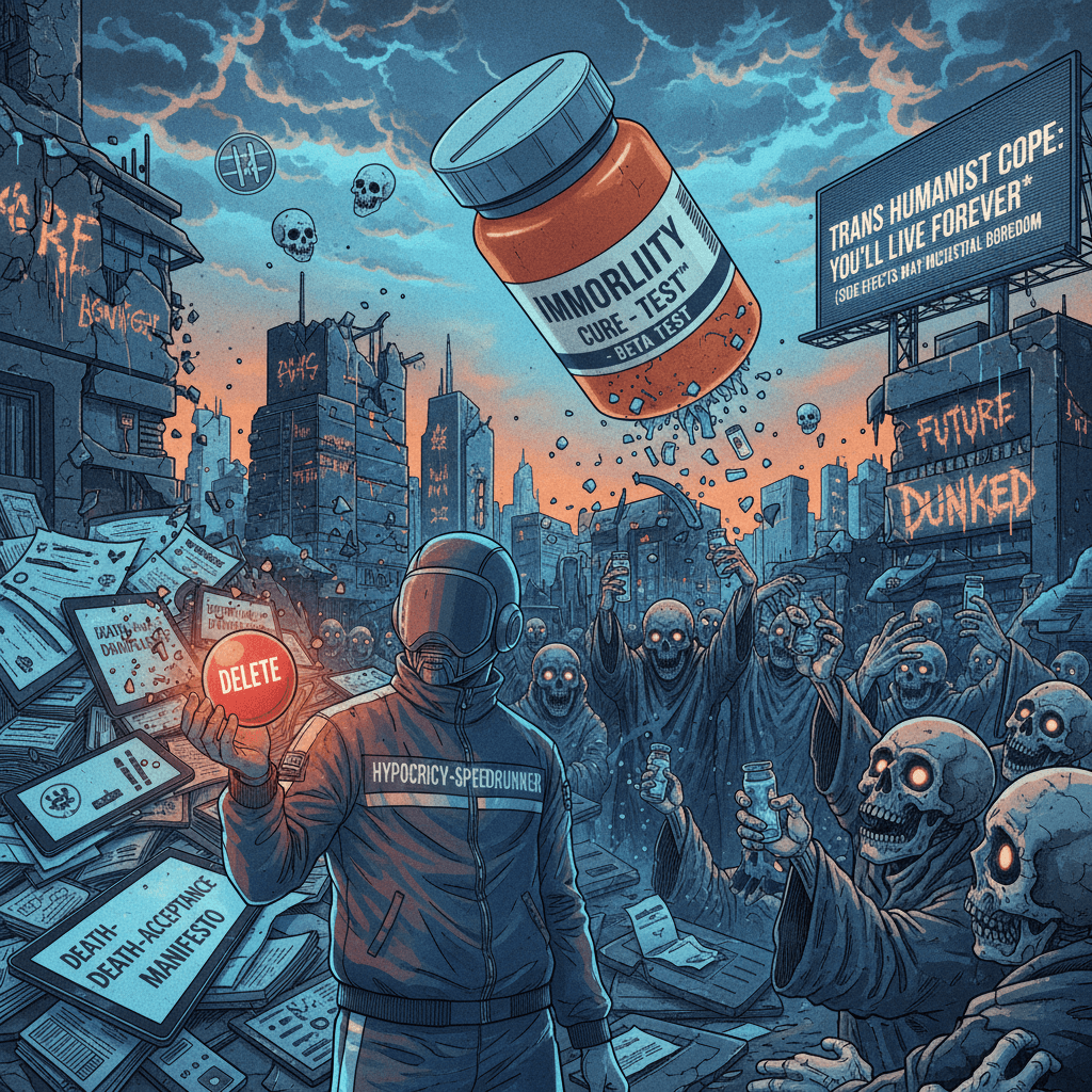 death-acceptance speedrunners will delete their manifestos once the immortality pill drops