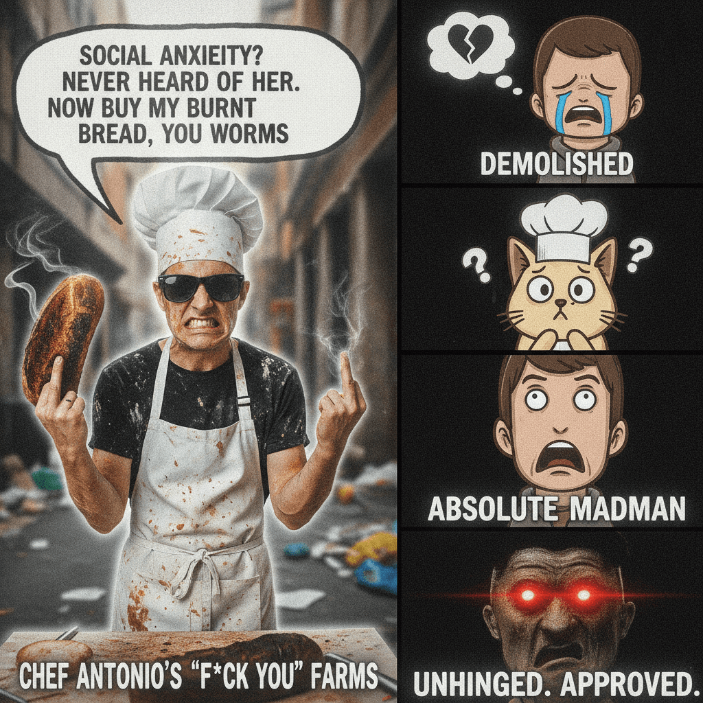 guy in apron solves social anxiety with pure contempt