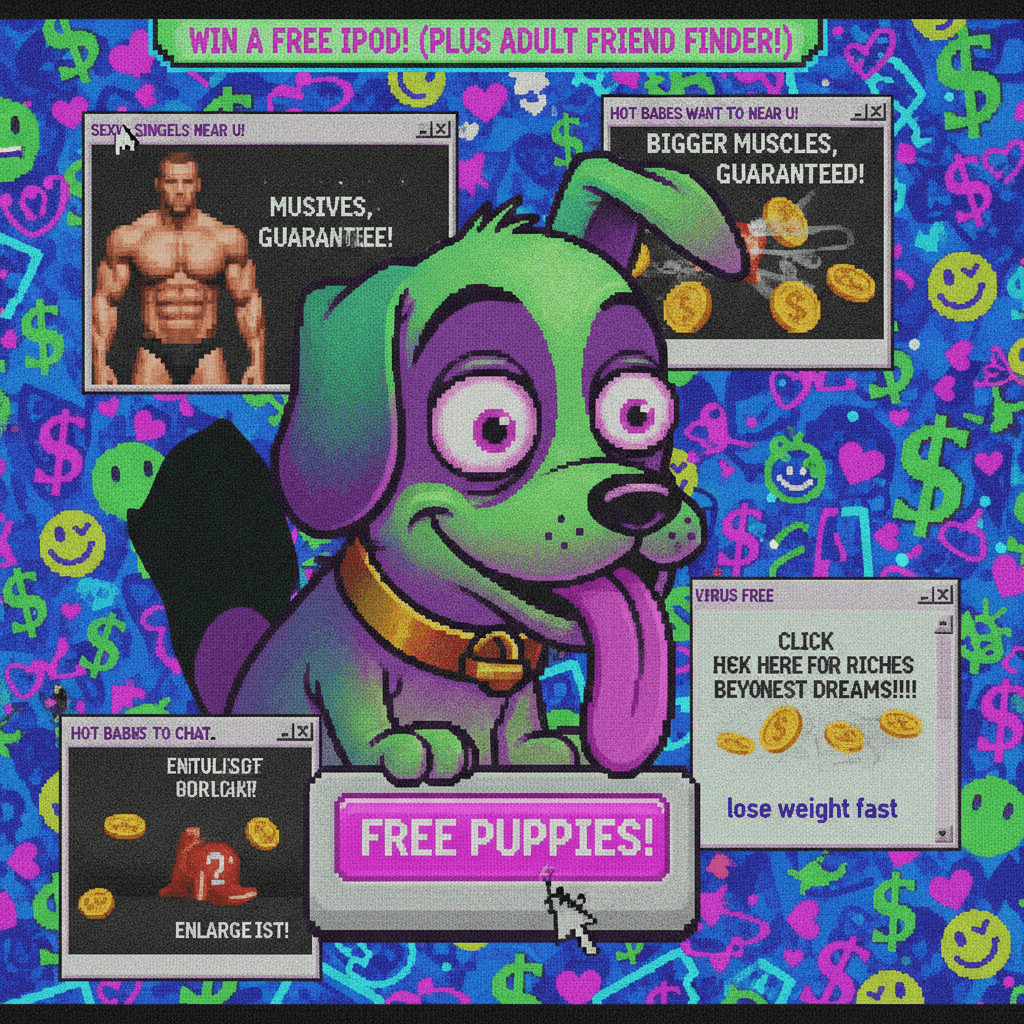 Peak 2007 spam folder energy meets horny cartoon desperation