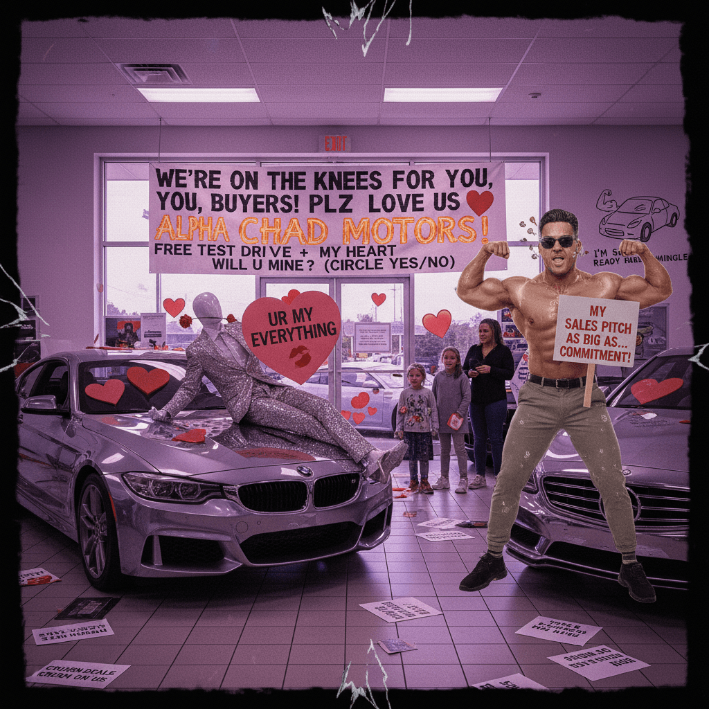 Car dealership having a stroke while simping for buyers