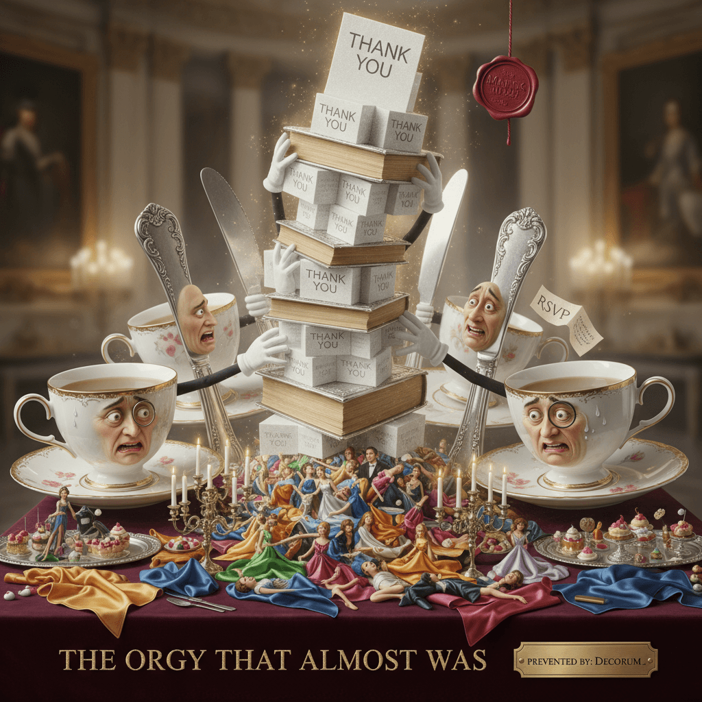 good manners prevent orgies: a etiquette tragedy in one sentence