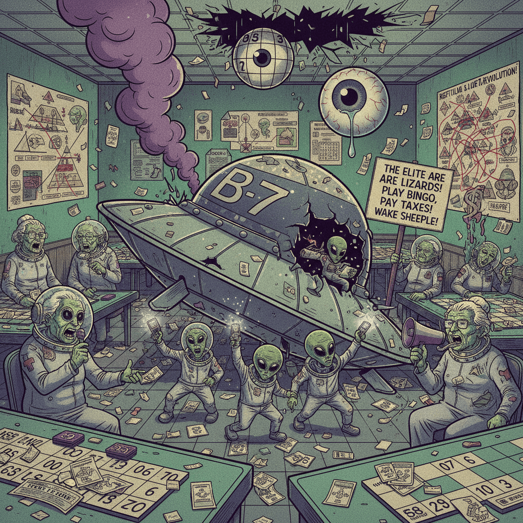 aliens crash bingo night, accidentally expose reptilians & class warfare