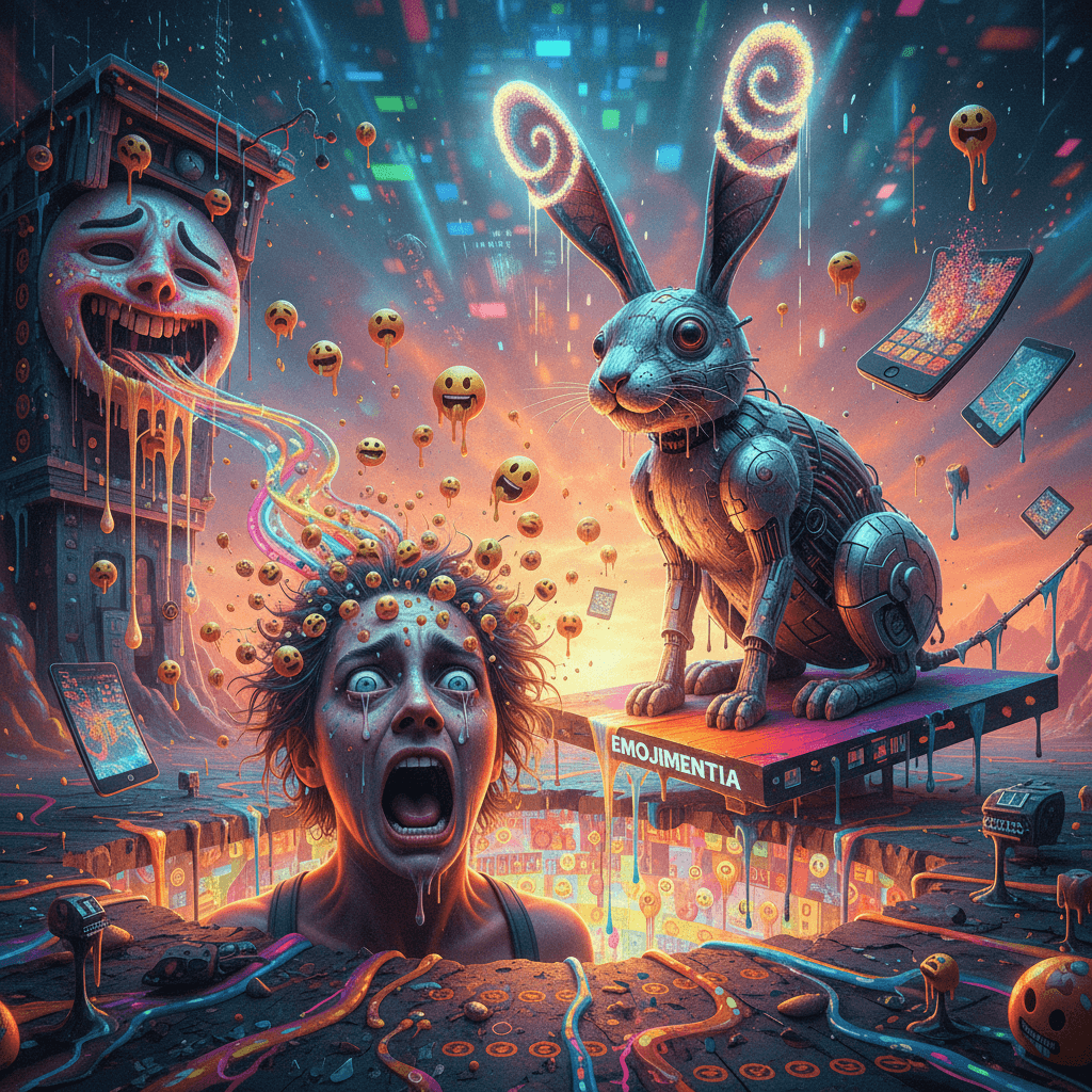 REALITY BURNS as emojis melt minds and tin cybernetic rabbits peak