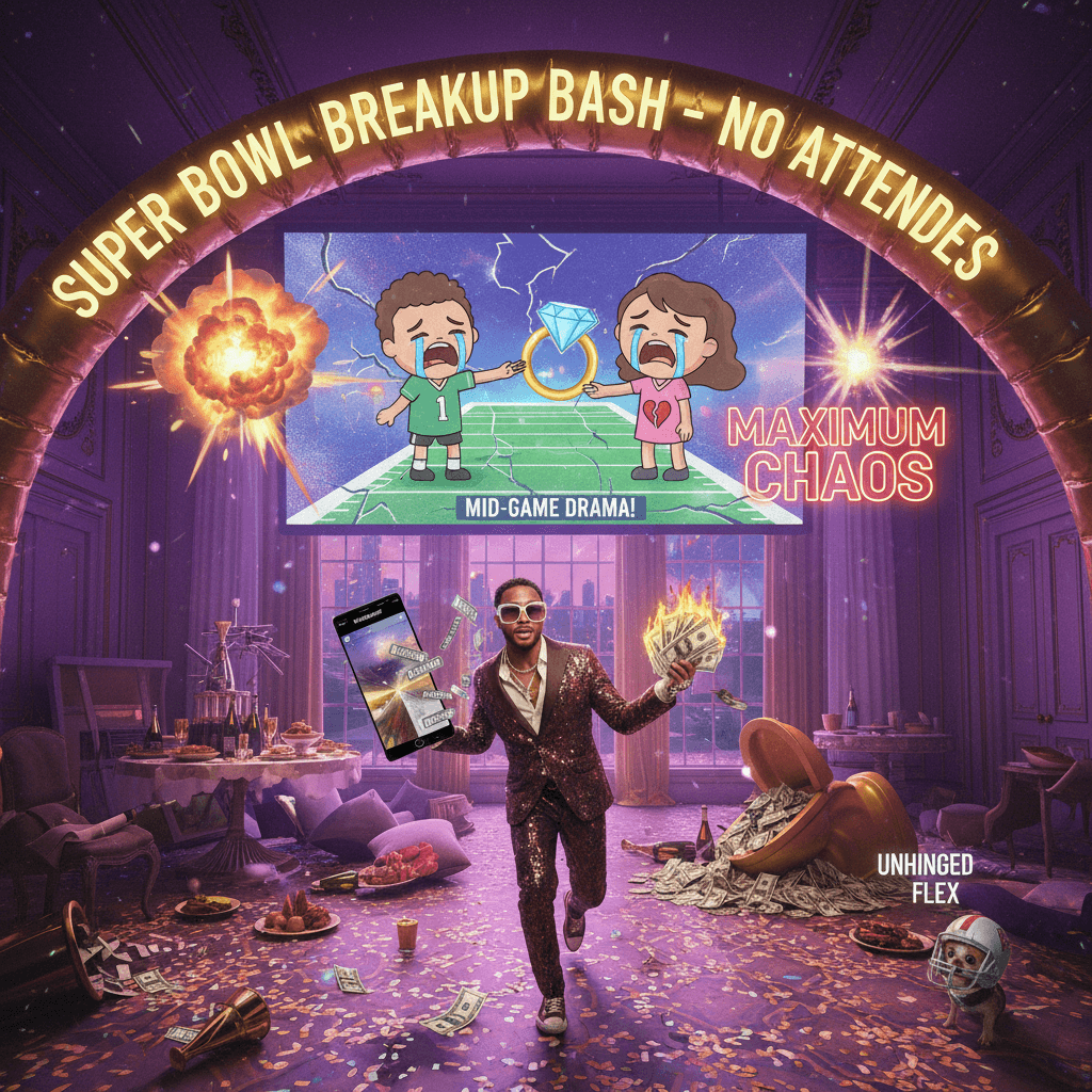 $1.2M party nobody attended, breakup mid-Super Bowl, maximum chaos