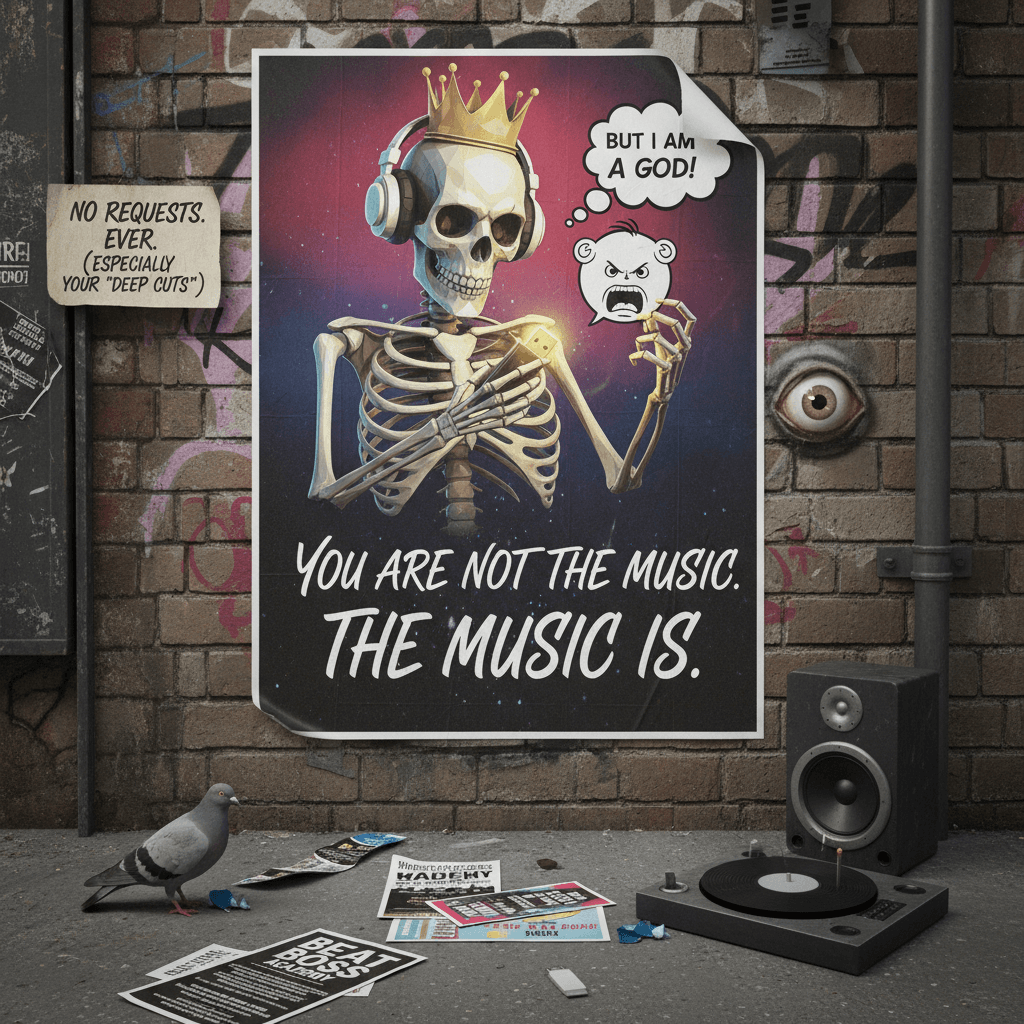 Telling DJs they need ego death via inspirational poster—peak irony