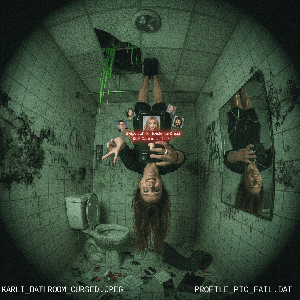 Karli's mental health awareness includes posing upside-down in condemned bathrooms