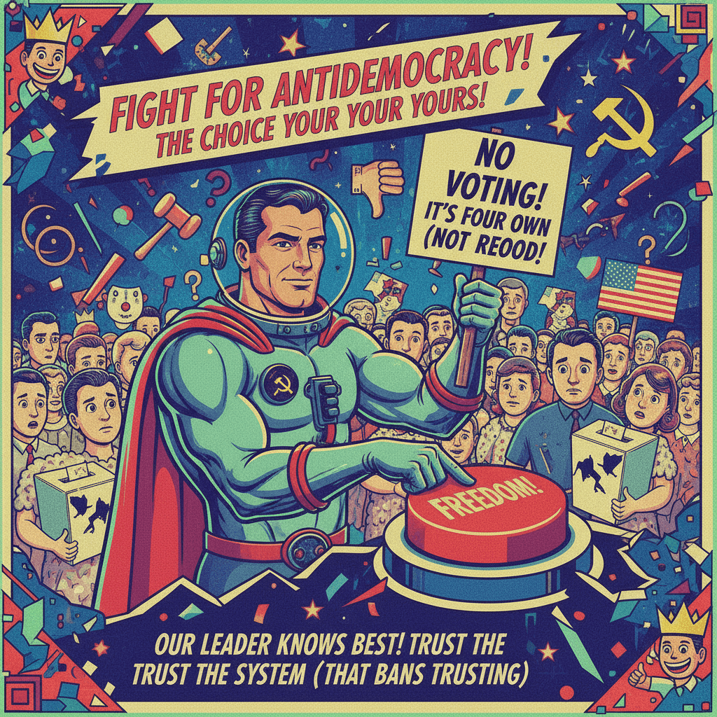 Democracy fighter ironically opposes democracy in retro propaganda form