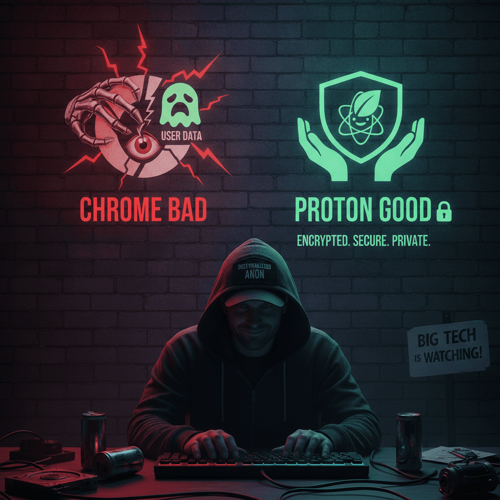 hooded hacker + ominous lighting = chrome bad, proton good