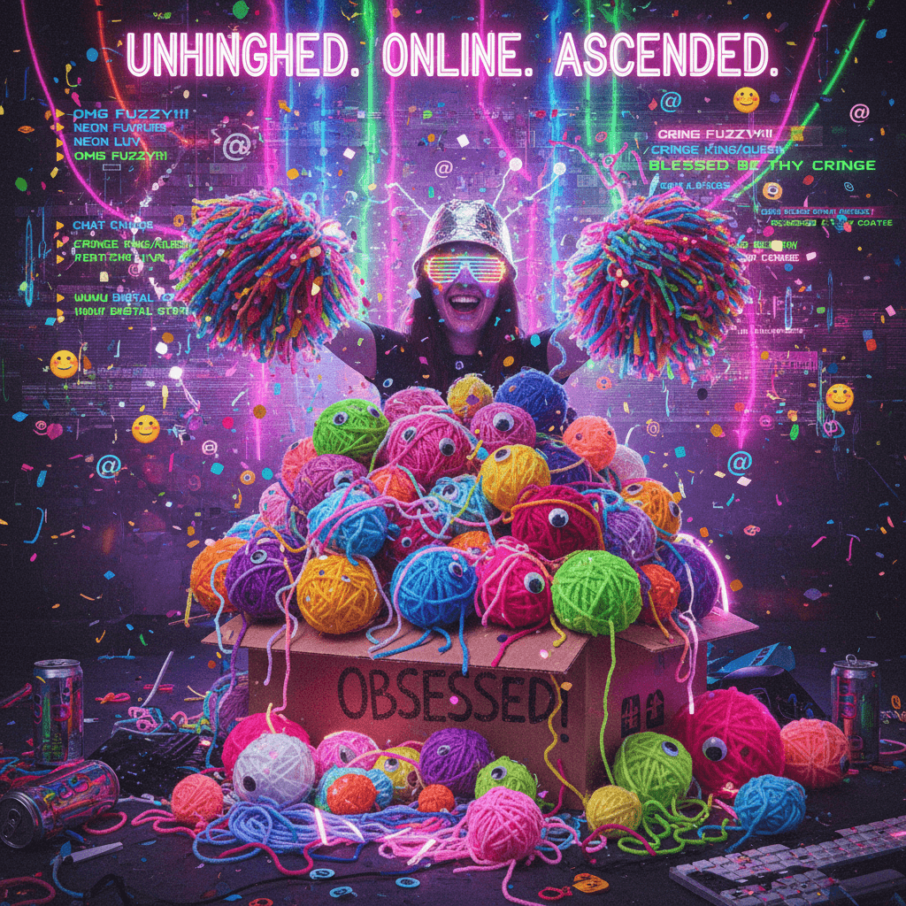 obsessed with fuzzy balls and neon-fever-dream chat overlays