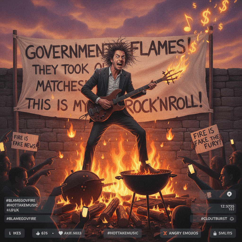 man discovers fire, blames government, calls it music